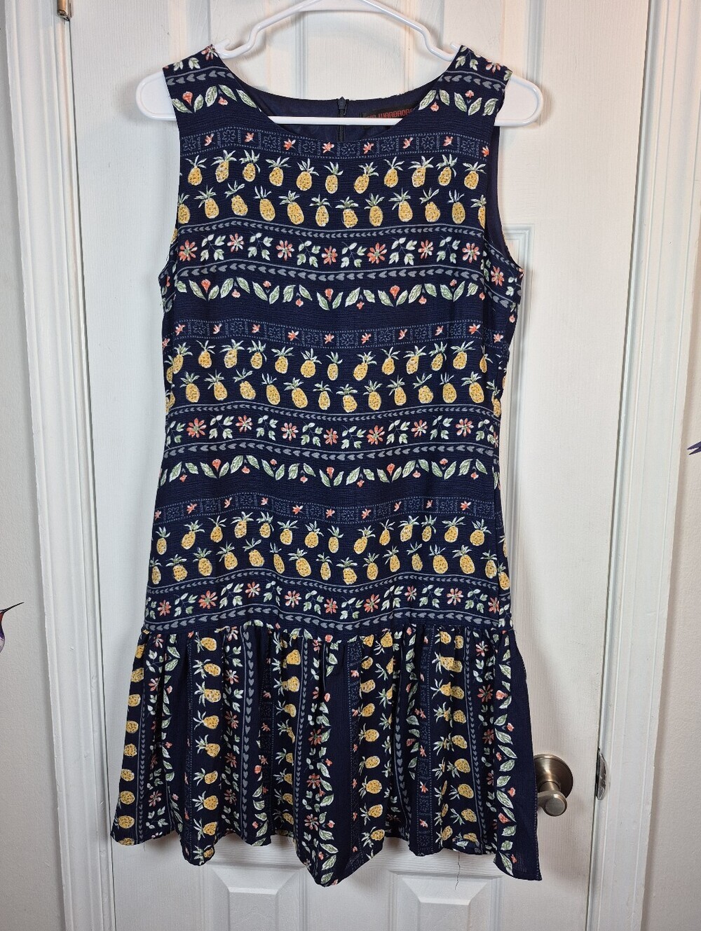 SM WARDROBE Pineapple Floral Drop Waist Mini Dress Navy Blue Size Small Novelty